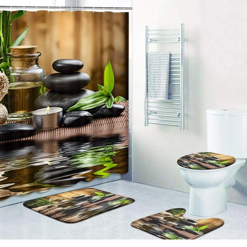 4 Pcs Shower Curtain Set Stones Spa Oil Wood Massage Relax Candle Set 72
